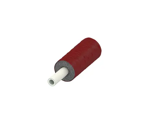 TECEflex Rohr mit roter Isolierung und weißem Innenteil, zylindrische Form, sichtbar gedämmt, in horizontaler Lage abgebildet.